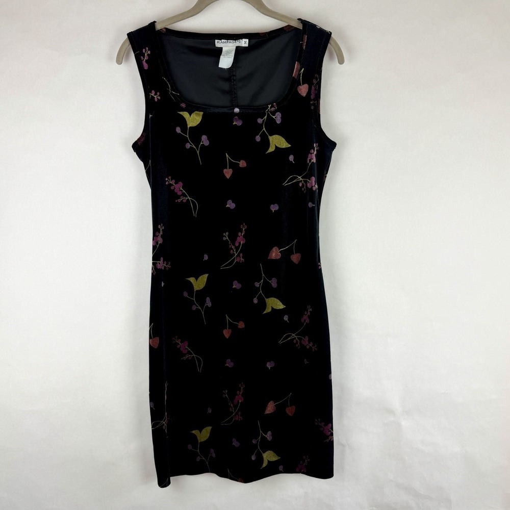 Vtg Rampage Y2K 90s Mini Dress Medium Dark Floral Fairy Black Velvet Whimsigoth - Picture 1 of 7
